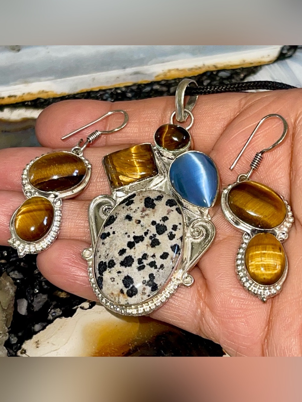 Dalmatian Jasper, Tiger Eye & Cat’s Eye Crystal Pendant & Earrings Set